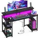 ODK 48 inch Gaming Desk with LED Lights & Power Outlets, Computer Desk with Monitor Stand & Storage Shelves, CPU Stand, Home Office Desk, Black