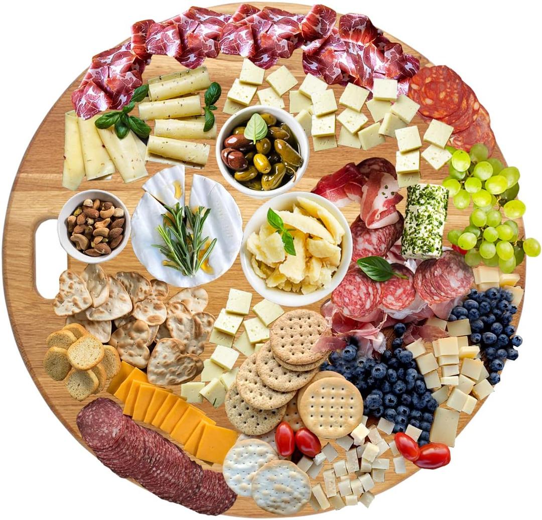 LUX Oak Wood Diameter 19 inches Oversized Charcuterie Board | extra Large Cheese Board | Serving Board With Handle for Serving Cheeses, Meats, Crackers | Unique Gift Round Kitchen Cutting Board