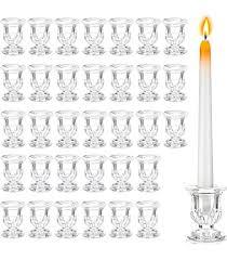 Threlaco 12 Sets Glass Clear Taper Candlestick Holder Bulk 12 Pcs Small Candle Holders 12 Pcs White Long Candle Table Centerpiece Decor for Wedding Holiday Birthday Party Favor(Clear)