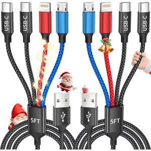 Dual Type-C 4 in 1 Multi Charging Cable for Multiple Devices with Lightning/Micro/2 USB-C, USB Cable Multiple iPhone Charger Cord, Travel Charger for iPhone17-8 Android iPad, Christmas Gift - 2Pcs 5FT
