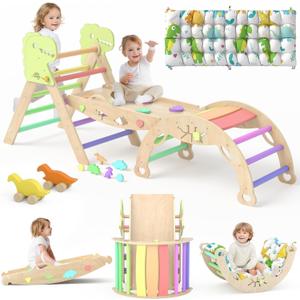Pikler Triangle Set with Cushion - 9 in 1 Toddler Climbing Gym - Montessori Wooden Climbing Toys with Maze, Shape Sorting, Dinosaur Car (Ages 1-3, Rainbow)