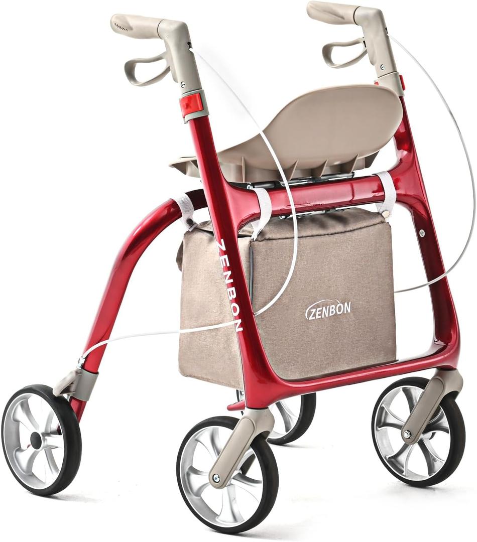 Rollator Walker for Seniors/Adults Foldable Rolling Walker with Seat 330 lbs Capacity 4 Big 7.9 inch Wheels Ergonomic Seat and Backrest Hand Grips Adjustable Height Lightweight Carbon Fiber Walker