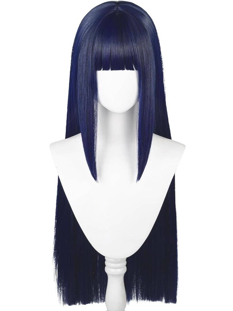 Half and Half Long Straight Blue Black Anime Wig with Bangs 31.5'' Dark Blue Nin-ja Costume Wigs Synthetic Hair for Women Halloween Party Daily