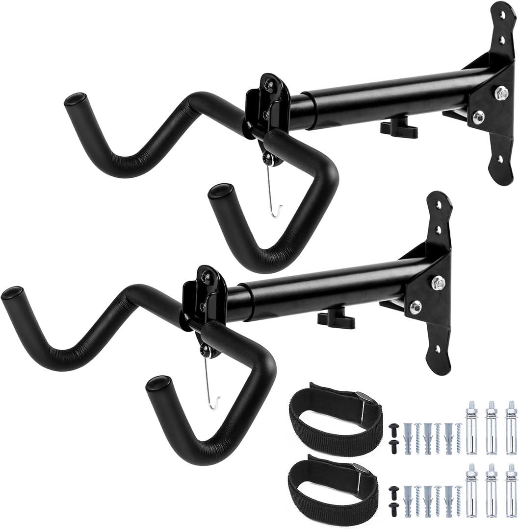 Cyfie Bike Wall Mount Garage Rack, Adjustable Horizontal Bike Storage Hanger Hooks with Wheel Stabilizer Strap, Indoor Hanging Bicycle Holder in Apartment Garage for Mountain Road Hybrid Bike (2 Pack)