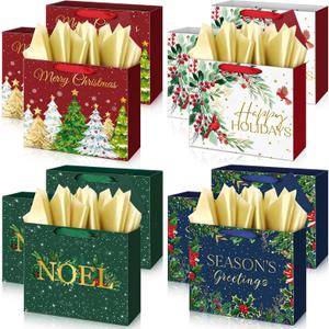 Aliceset 12 Pack Greenery Christmas Gift Bags with Tissue Paper and Tags Gold Foil Assorted Christmas Gift Bags Vintage Presents Wrapping for Holiday Xmas New Year Presents Giving, 11.8x10x4 inch