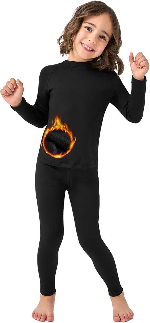 Fleece Lined Toddler Thermal Set, Thermal Underwear for Kids, Black Base Layer Long Johns for Boys Girls (3T)