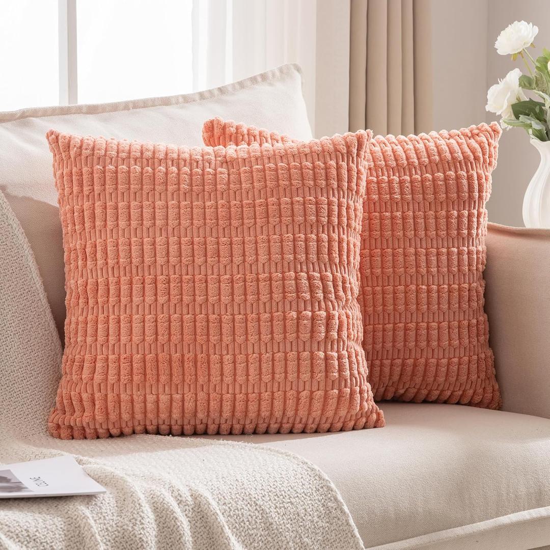 JELLYMONI 2 PCS Coral Decorative Throw Pillow Covers 22x22 Inch, Corduroy Striped Boho Pillows Cover for Living Room Bed Sofa Couch, Spring Farmhouse Boho Home Decor (22" x 22" (Pack of 2), Coral)