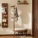 AQIMUELE Entryway Shoe Rack with Coat Rack, Wooden Shoe Bench with Upholstered Cushion, 3-in-1, 2-Tier Shoe Storage and Cute Animal Hooks for Entryway, Hallway, Closet (Walnut 32.2")