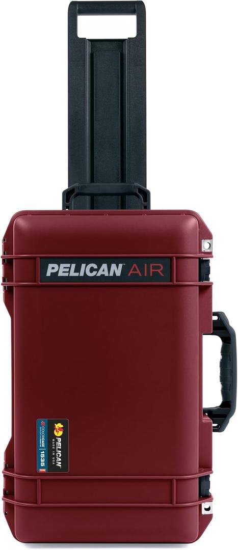 Oxblood Pelican 1535 Air case, with Black Handles & latches. Comes Empty & with Wheels.