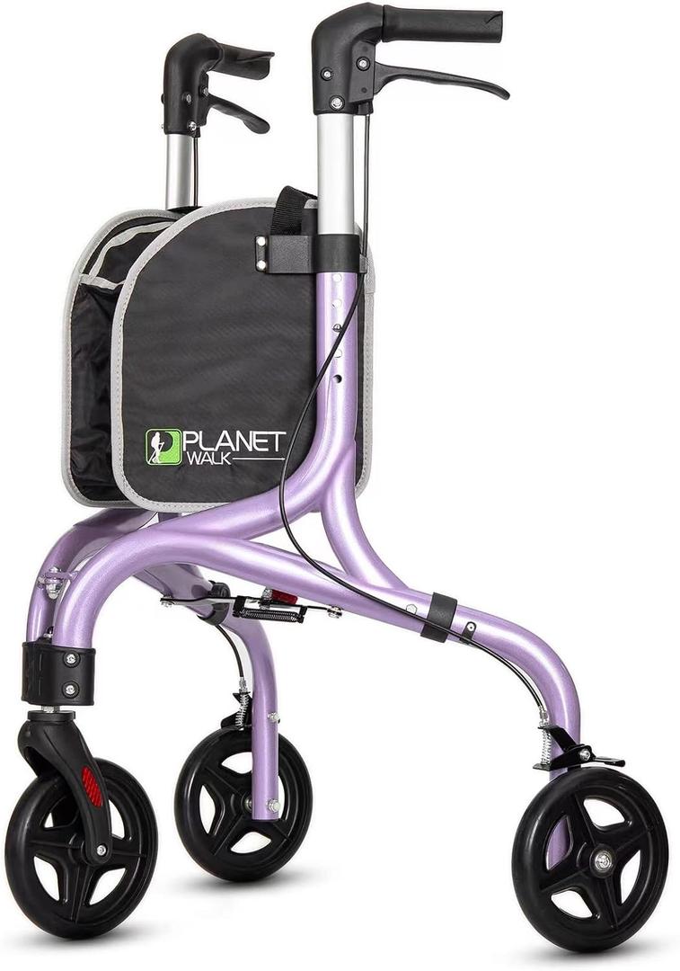 PLANETWALK Premium 3 Wheel Rollator Walker for Seniors Ultra Lightweight Foldable Aluminum Mobility Aid with Height Adjustable Handle and 8 Inch Wheels, Brilliant Purple