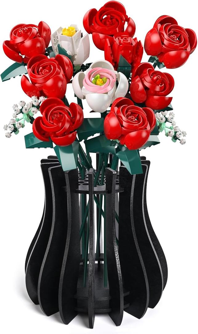 Wooden Vase Kit for Lego Roses Cherry Blossom Sunflower Tulips Daffodils Lotus Cute Flower Vase for Lego Bouquet Arrangement Home Decoration for Women Adults