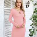 VICHYIE Women Square Neck Ribbed Bodycon Tight Dress Long Sleeve Mid Thigh Pencil Above Knee Dresses (Pink, XL)