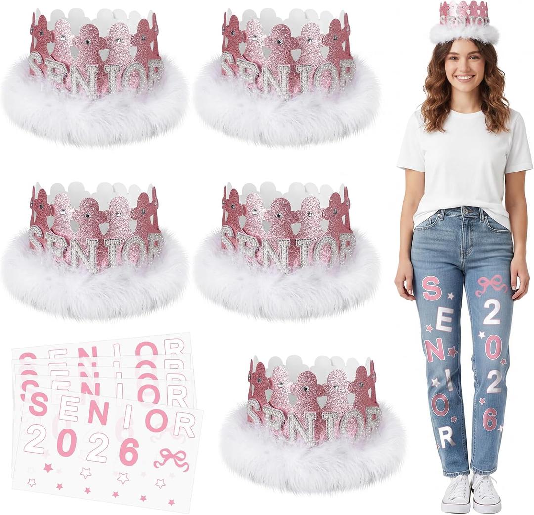 Kathfly 5 Set Graduation Senior Crown and Iron on Patches Kit DIY Class of 2026 Crown Craft with Rhinestone Letters Plush Trim Senior 2026 Heat Transfer Patches for Jeans Graduation Party Supplies