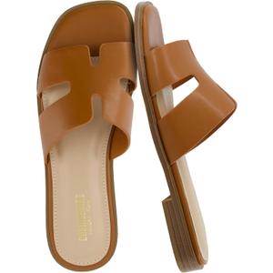 CUSHIONAIRE Voyage Cutout Strap Slides for Women, Slip On Summer Flats, Trendy Footwear, Memory Foam Vegan Leather Comfortable Vacation Style Sandals 11W