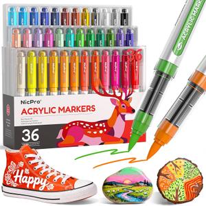 Nicpro 36 Colors Acrylic Paint Markers Brush Tip, Water-Based No-Bleed Paint Markers with Automatic Ink Control, Waterproof Acrylic Paint Pens for DIY Art & Crafts - Rock, Wood, Glass, Ceramic, Fabric