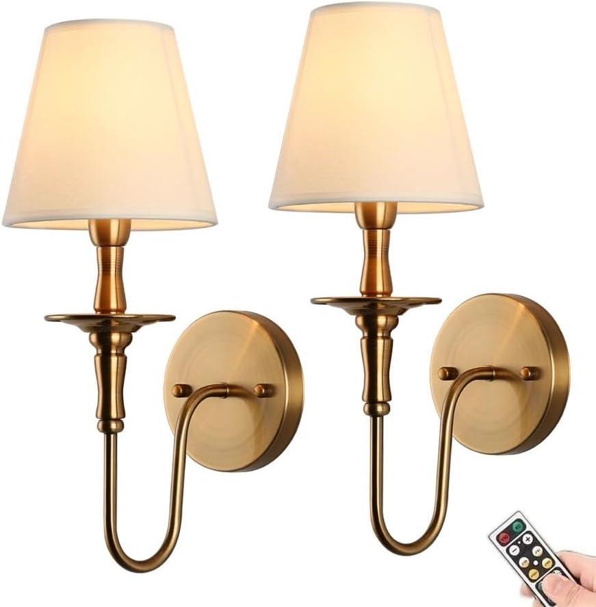 Antique Wall Sconces Battery Operated Set of 2,No Wiring Rechargeable Wall Lights with Remote , Brass Vintage Fabric Shade Wall Lamp Fixtures Gold for Living Room Bedroom Hallway Farmhouse TV