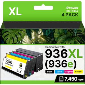 Compatible 936XL Ink Cartridges 4-Pack for HP OfficeJet Pro 9125e, 9120e, 9135e, 9730e, 9130e, 9720e, 9122e Printers (Black, Cyan, Magenta, Yellow)