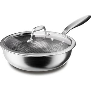 COOKER KING 12-Inch Hybrid Stainless Steel Wok with Lid, Nonstick Stir Fry Pan & Deep Frying Pan, Tri-Ply Clad Honeycomb Everyday Pan, Induction Ready, Oven & Dishwasher Safe, PFOA Free