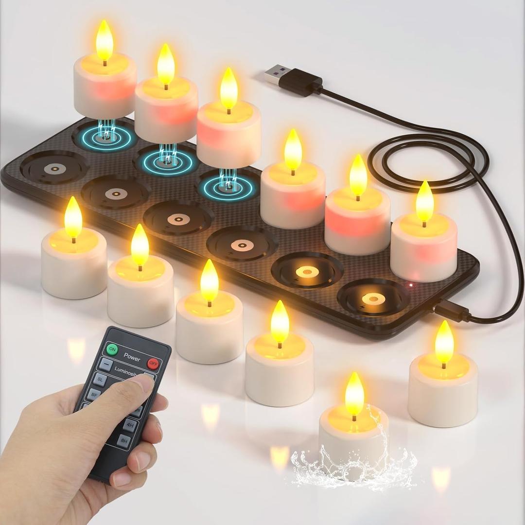 SoulBay Flameless Candles Rechargeable, Magnetic Charging Waterproof LED Flickering Tea Lights Votive Candle with Charging Tray Remote Timer for Bathroom Holiday Xmas Decor, 100H Lasting Per Charge