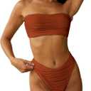 ZAFUL Women Strapless Textured Bandeau Bikini 2 Piece Swimwear Cheeky Solid Lace up Bathing Suits (Brown, M)