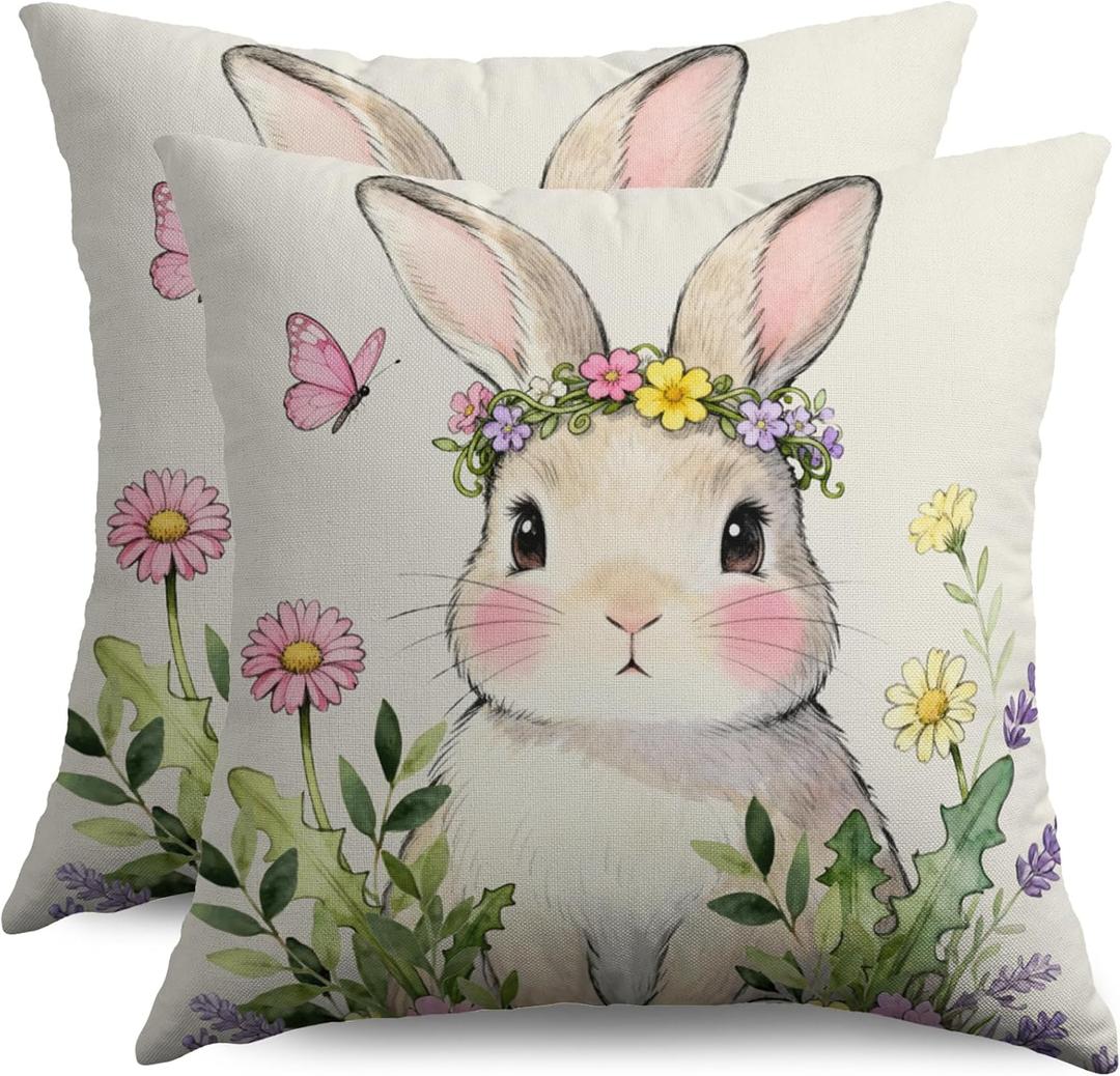 Easter Pillow Covers 18x18 Inch Set of 2 Cute Bunny Rabbit Spring Yellow Purple Pink Floral Butterfly Holiday Decorative Throw Pillowcases Outdoor Farmhouse Cushion Cases Decor for Sofa Couch Bed