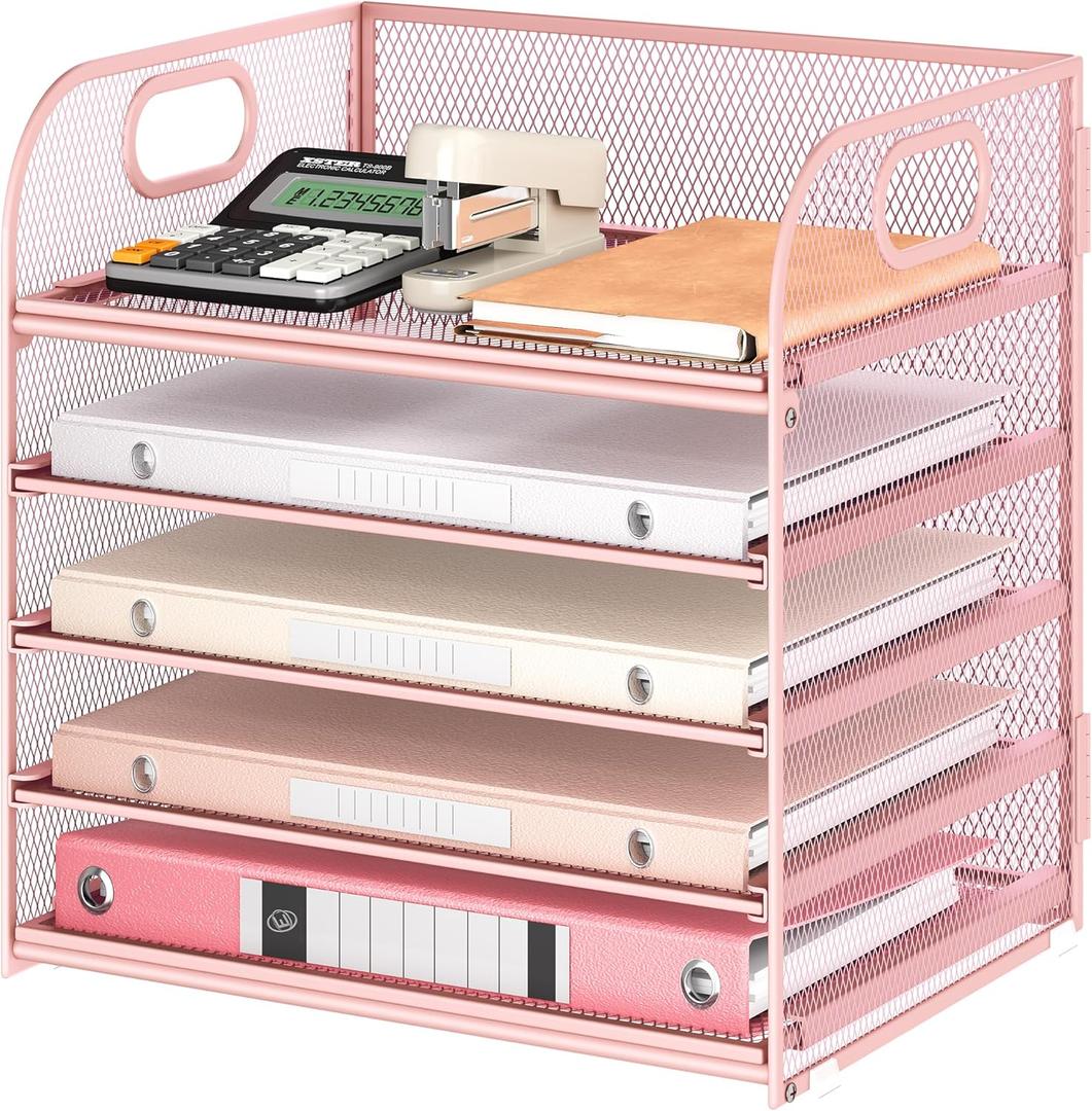 5 Tray Paper Organizer Letter Tray with Handle - Mesh Desk File Organizer, Paper Sorter Organizer for Office, Home or School File Folder Holder - Pink 5 Tray Paper Organizer Letter Tray with Handle - Mesh Desk File Organizer, Paper Sorter Organizer for Office, Home or School File Folder Holder - Pink