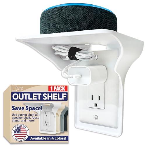 BeraTek Industries Power Perch Outlet Shelf with Cord Storage Strap – Wall Shelf for Echo Dot, Electric Toothbrush, Phone Shelf – Bedroom & Bathroom Organizer (White, 1-Pack)