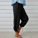 Cotton Casual Capri for Women Elastic High Waisted Loose Lantern Tapered Harem Pants with Pockets, Small
