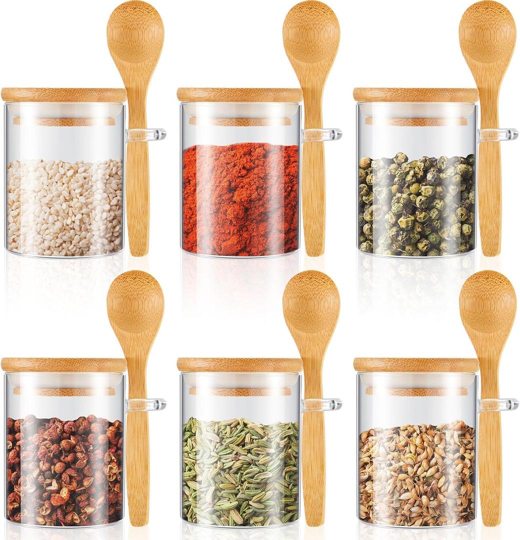 Tessco for you 6 Pack Sugar Jar Glass Container with Spoon Clear Glass Jars with Bamboo Lid and Spoon Scoop for Women Christmas Kitchen Gift Coffee Beans, Spice, Sugar, Nuts, Candy, Salts (6 oz)