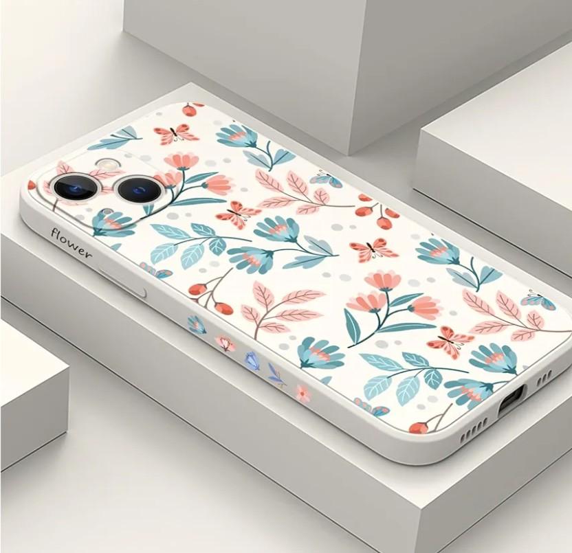 for iPhone 13 Case Fashion Flower Pattern Slim Liquid Silicone Dropproof for iPhone 13 Phone Cover 6.1 inch-Leaf White