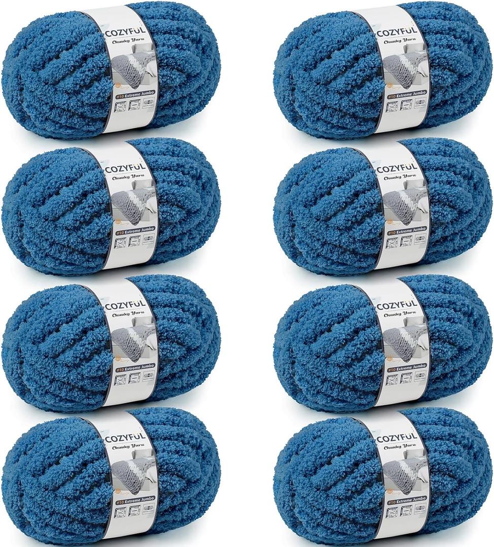 Chunky Yarn for Hand Knitting - #10 Chunky Chenille Yarn, Jumbo Big Thick Chunky Yarns for Crocheting, Super Bulky Chunky Knit Blanket Yarns, 8 Skein (25 yds 8 oz Each Skein), Indigo
