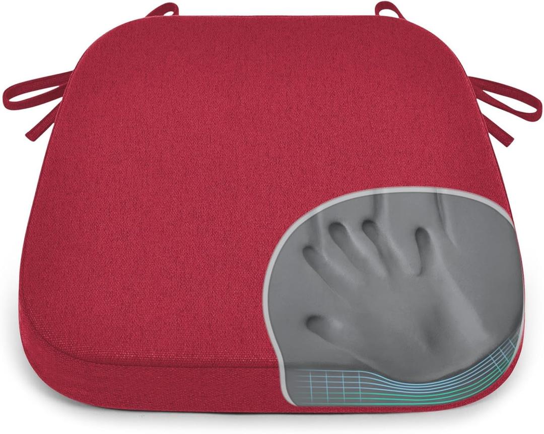 Shinnwa Dining Chair Cushions, Patented Design Memory Foam Kitchen Chair Pads with Ties and Washable Cover, 17" x 16" x 2", Burgundy