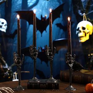 LemonRoad 4 Set Halloween Skull Taper Candle Holders with 4 Vampire Tears Black Candles Gothic Decor Candle Stick Holder Spooky Skeleton Hands Tealight Holder for Halloween Decoration Party Supplies