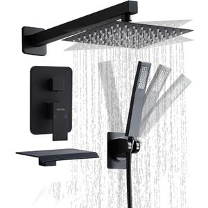 8 inch Matte Black Shower System with Tub Spout, Shower Faucet Set with Rain Shower Head and Handheld 3-Setting, Waterfall Bathtub Spout Rainfall Shower Combo Set for Bathroom Wall Mounted