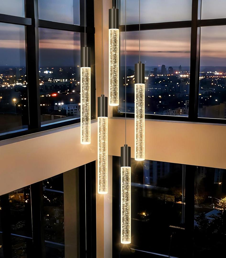 5-Lights Chandelier Modern Crystal Glam Light Remote Dimmable Pendant Lighting for Kitchen Island Dining Room Matte Black Light, W1.2" by H14