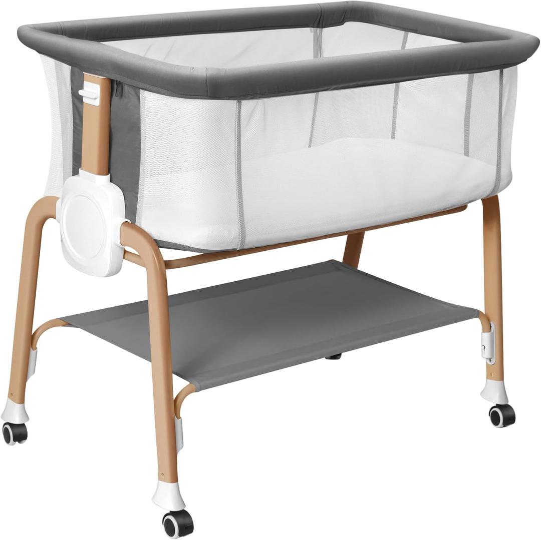 Bassinet Bedside Sleeper, Bedside Bassinet for Newborn, Baby Bassinet with 5 Adjustable Height, Rocking Bassinet with Wheels, Breathable Mesh & Mattress, Easy Folding Portable Bedside CribDark Gray), Twin