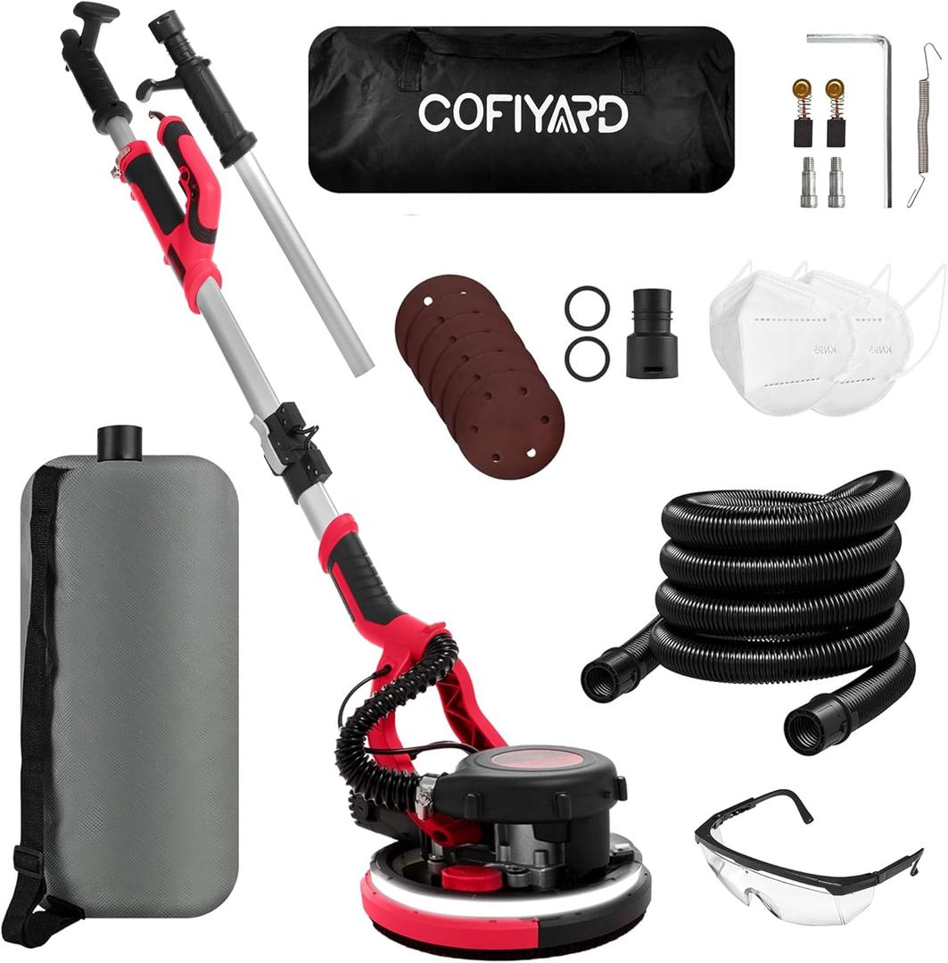 Electric Drywall Sander,1250W Popcorn Removal Tool,Drywall Sander with Vacuum Dust Collector,7 Variable Speed LED Light 900-1800RPM Ceiling Sander,Foldable & Extendable Handle Ceiling