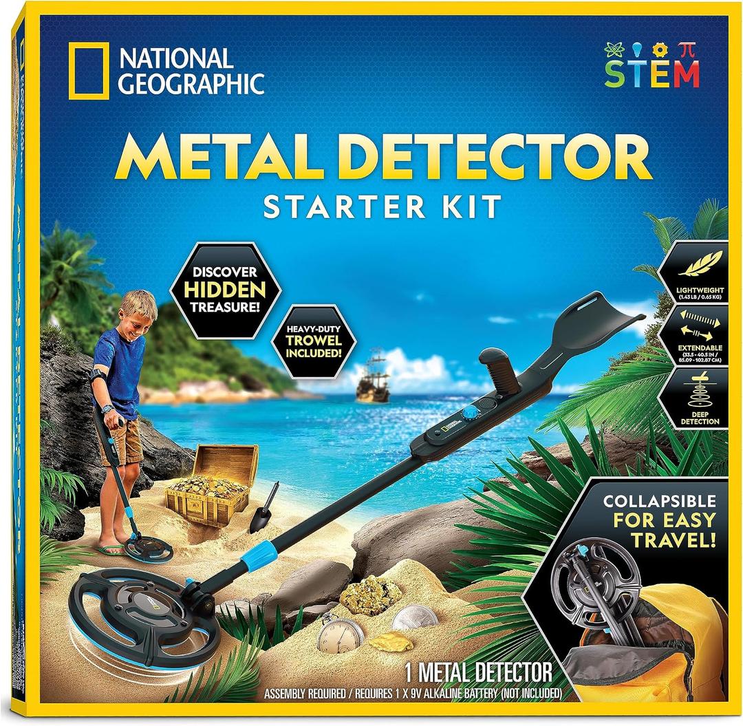 National Geographic Starter Metal Detector Kit for Kids - Kids Metal Detector with 7.4" Waterproof Coil & Trowel, Lightweight Gold Detector, Beach Detecting, Gift for Boys & Girls