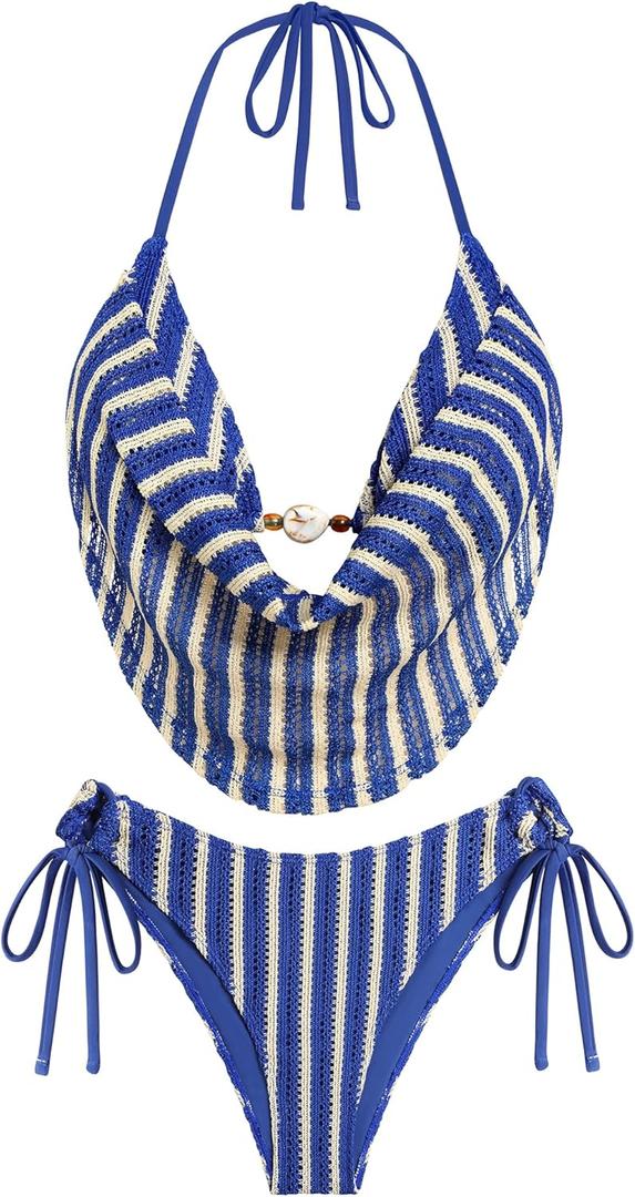 ZAFUL Women's Two Piece Bikini Sets Triangle Halter Swimsuit Deep V Cowl Neck Ruching Bathing Suits (S)