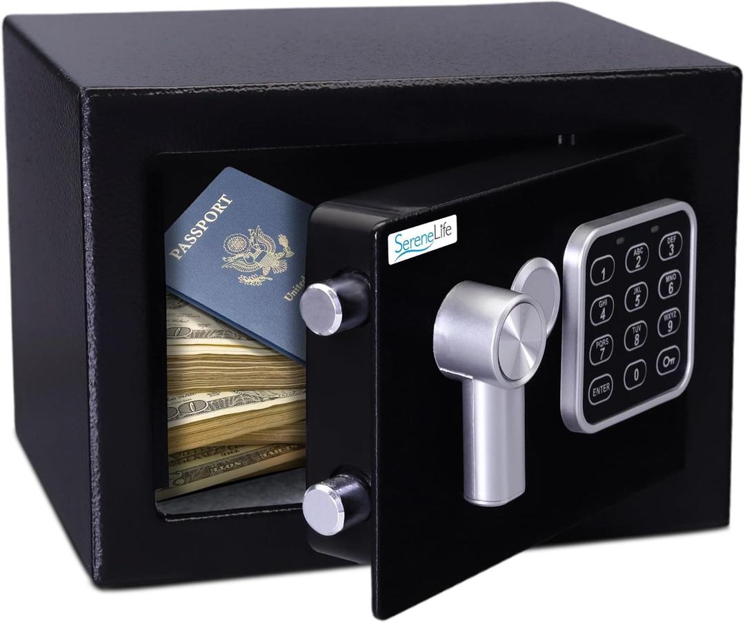 SereneLife Premium Steel Digital Safe Box - 9.1" x 6.7" x 6.7" | Secure Storage for Cash, Firearms & Jewelry | Great For Hotels, Cabinets & Home Use | Electronic & Mechanical Access | 2 Keys | Black