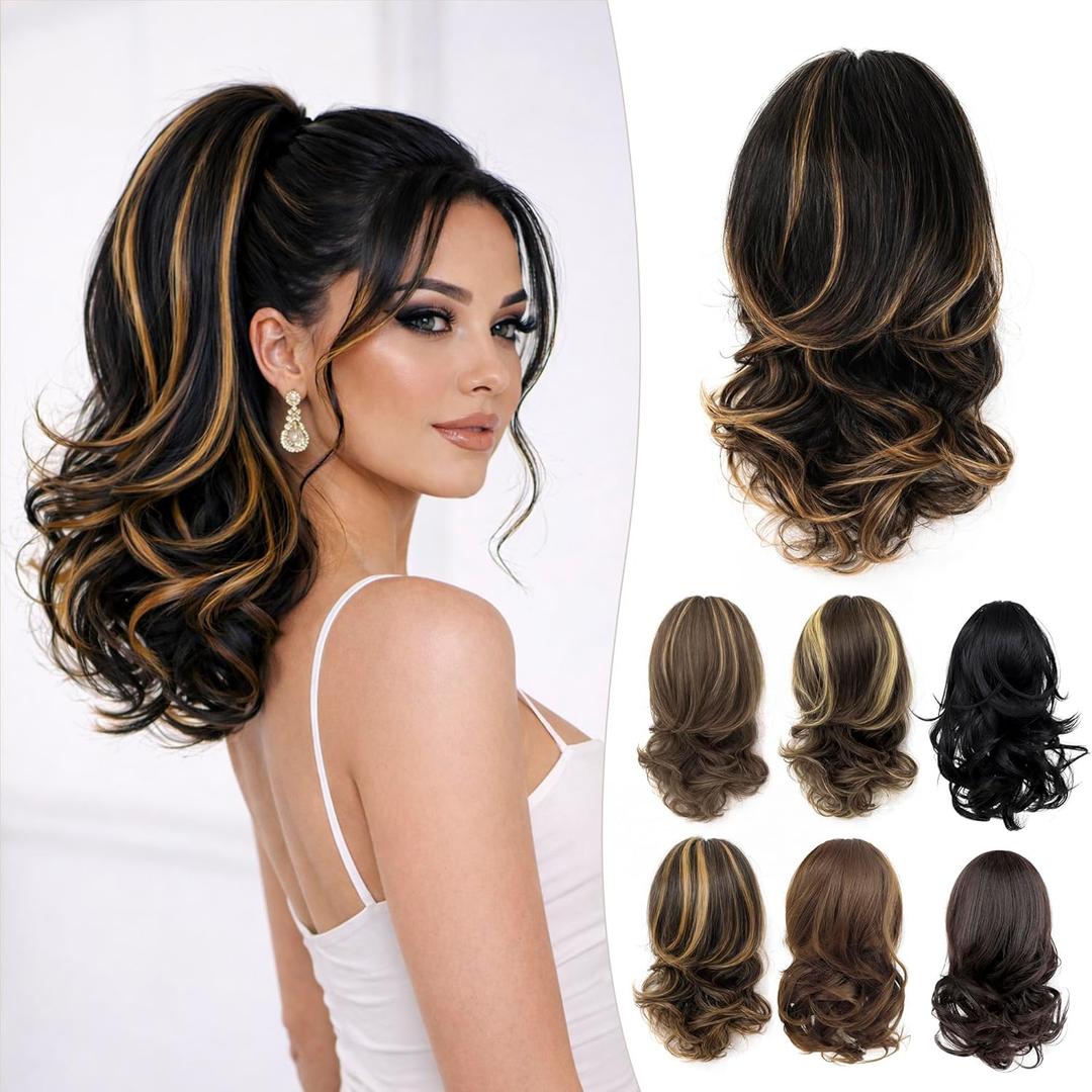 Wavy Claw Clip Ponytail Extension 14 Inch Clip in Ponytail Hair Extensions Clip on Hair Extensions For Women Curly Pony tails (#3 Golden Highlights with Dark Brown)