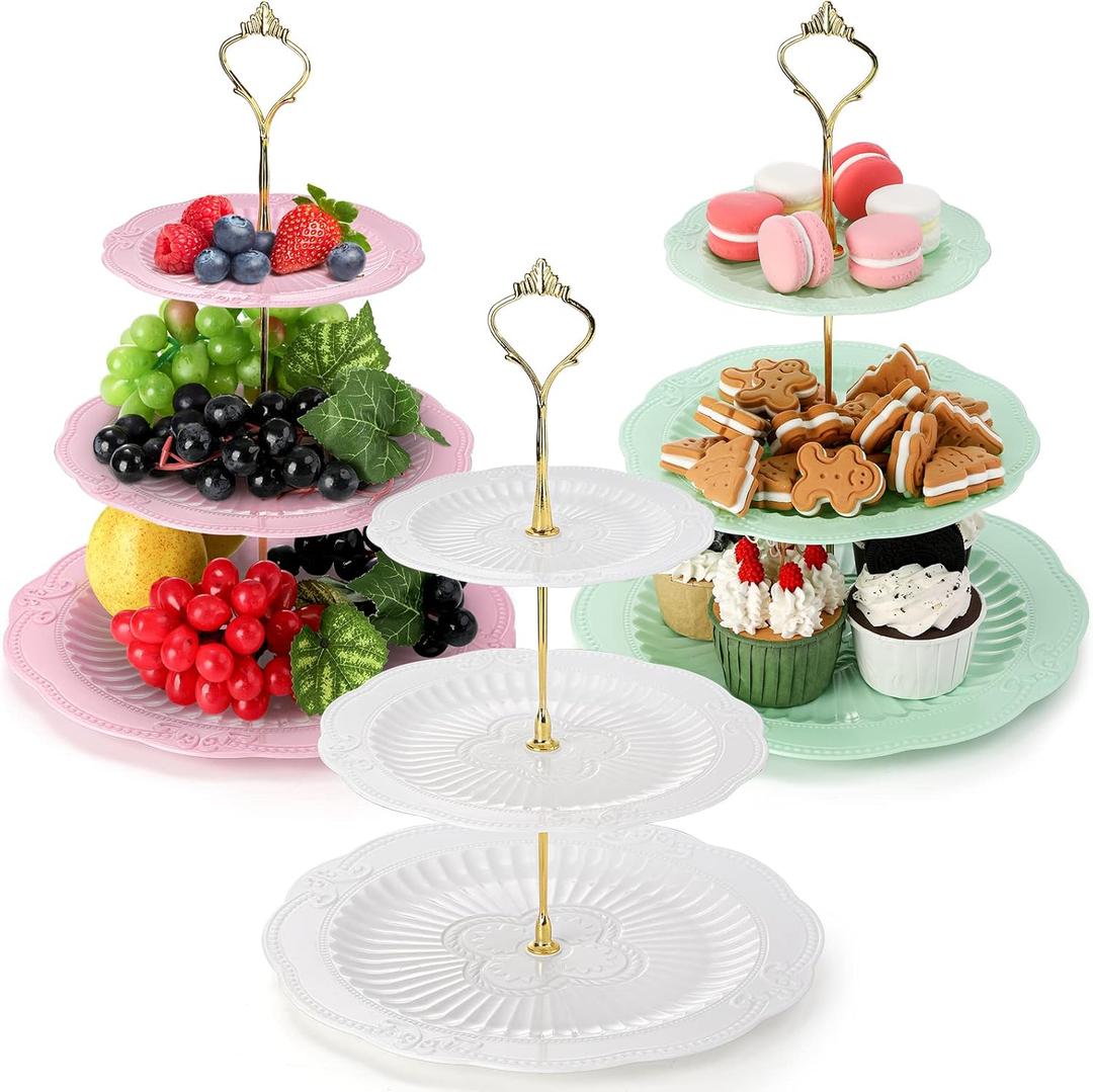 Dicunoy 3 Pack Plastic Cupcake Stands, 3 Tiered Dessert Trays for Display, Embossed Serving Plate Tower Holder, Tea Party Tray for Fruits, Snack, Candy, Buffet, Parties, Wedding, Birthday, Christmas