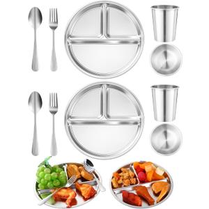 Jinei 10 Pcs Stainless Steel Dishes Set 2 Stainless Steel Plates, 2 Bowls, 2 Cups, 2 Spoons, 2 Forks, Dishwasher Safe, Durable Dining Set for Home Travel Camping (Tableware)
