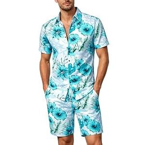 JOGAL Men's Flower Casual Button Down Short Sleeve Hawaiian Shirt Suits Fresh Blue XX-Large