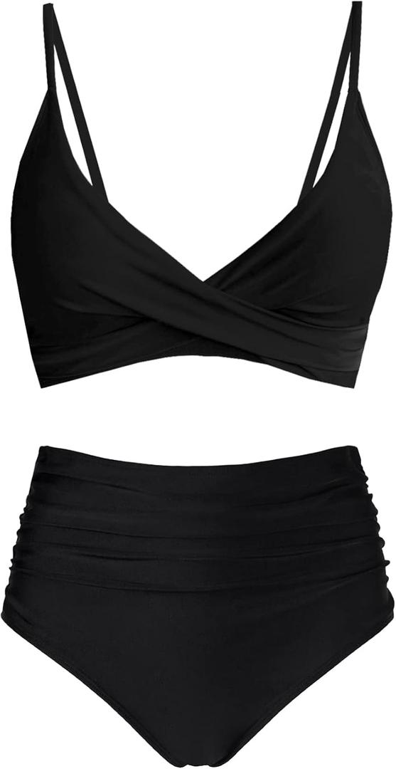 Women's High Waisted Bikini Sets Push Up Twist Front Spaghetti Straps Ruched Two Piece Swimsuit Bathing Suit (Black), Small