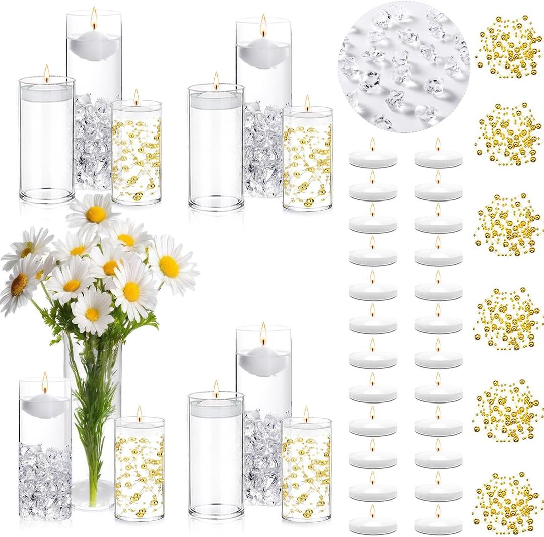 24 Pcs Floating Candles 12 Glass Vases for Centerpieces with 400 Acrylic Fake Ice Cubes 6 Pearl String Vase Filler Floating Candle Centerpieces for Tables Party Event Wedding Home Decor