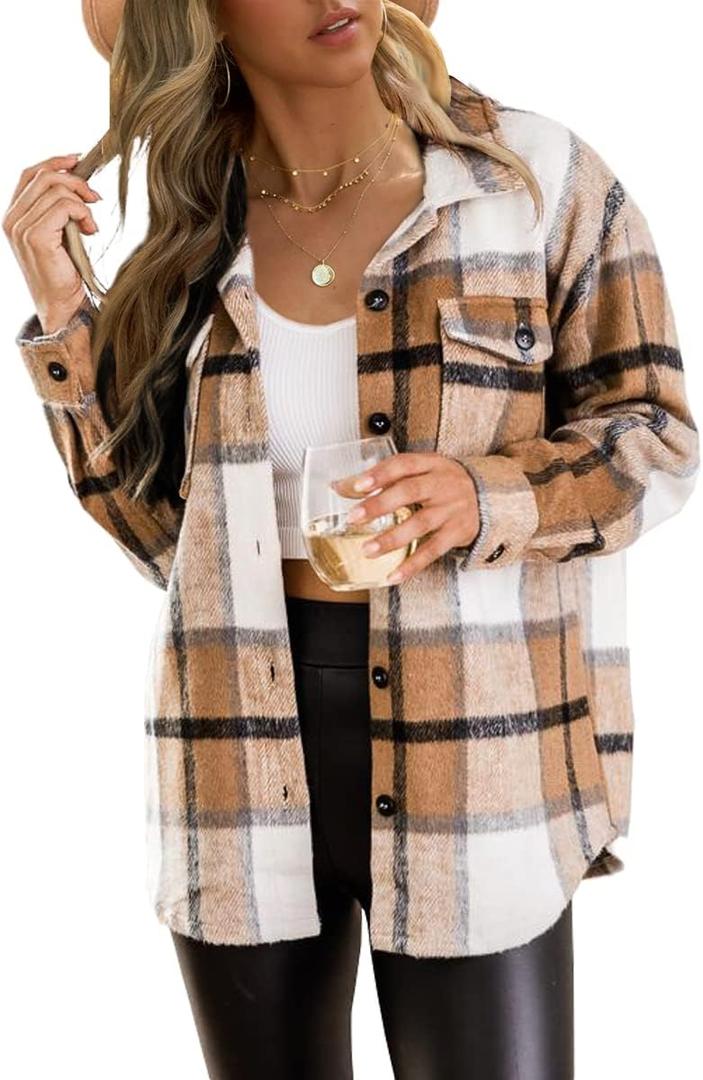 Trendy Queen Womens Flannel Shacket Casual Jacket Plaid Button Down Long Sleeve Shirt Fall Winter Outfits (Beige, XS)