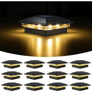 VOLISUN Solar Post Cap Light Outdoor Waterproof 12pack,Solar Fence - Post Lights for 4x4 5x5 6x6 Wooden/Vinyl Post,Black Deck Post Cap Light Solar Powered with Warm White for Garden/Patio/Porch