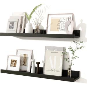 Fun Memories Picture Ledge Shelves Set of 2, 24 Inch Rustic Wall Mounted Floating Shelves with Lip for Home Storage and Dcor in Bathroom, Kitchen, Nursery, Bedroom, Living Room, Black