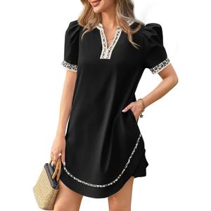 Wenrine Womens Puff Short Sleeve Mini Dress Casual V Neck Color Block Leopard Loose Beach Summer Dresses with Pockets (Black, M)